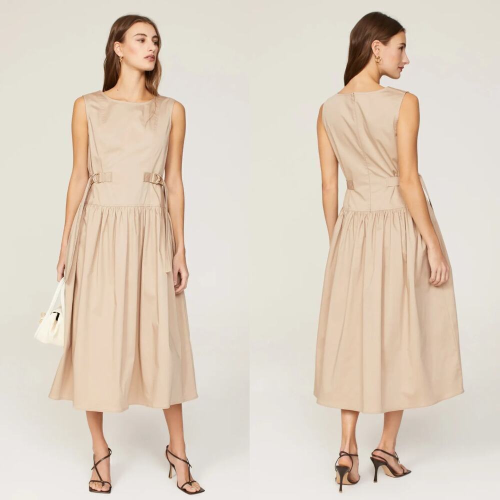 Shoshanna Clark Dress Sleeveless Ruched Adjustable Waist Midi A-Line Brown Tan 0